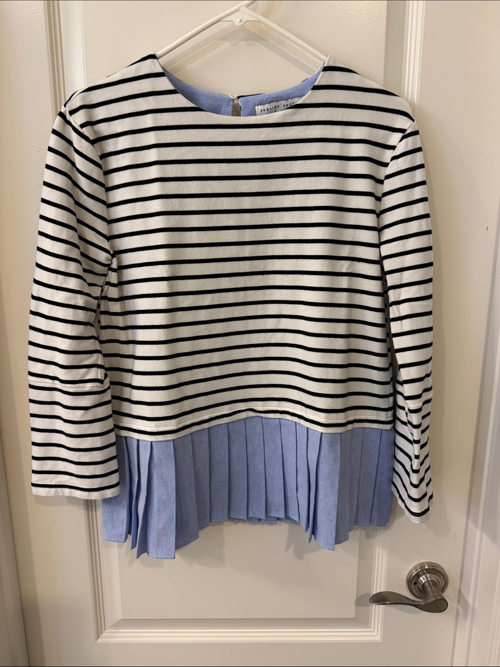 English Factory Black & White Striped Long Sleeve Top with Blue Pleated Hem